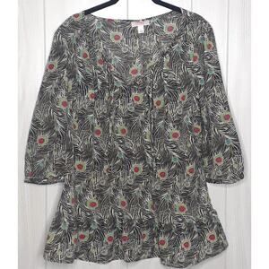Liberty of London Floral 3/4 sleeve Blouse Gray Black Pink Size Medium Ruffle